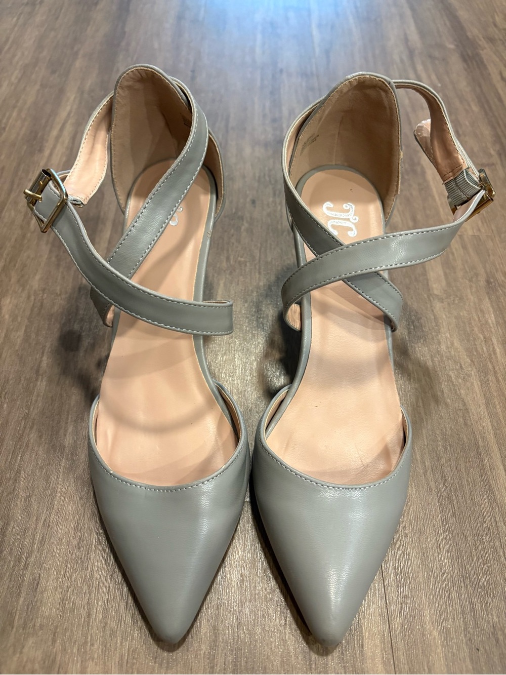 Pointed Toe Ankle Strap Kitten Heels in Light Gray
